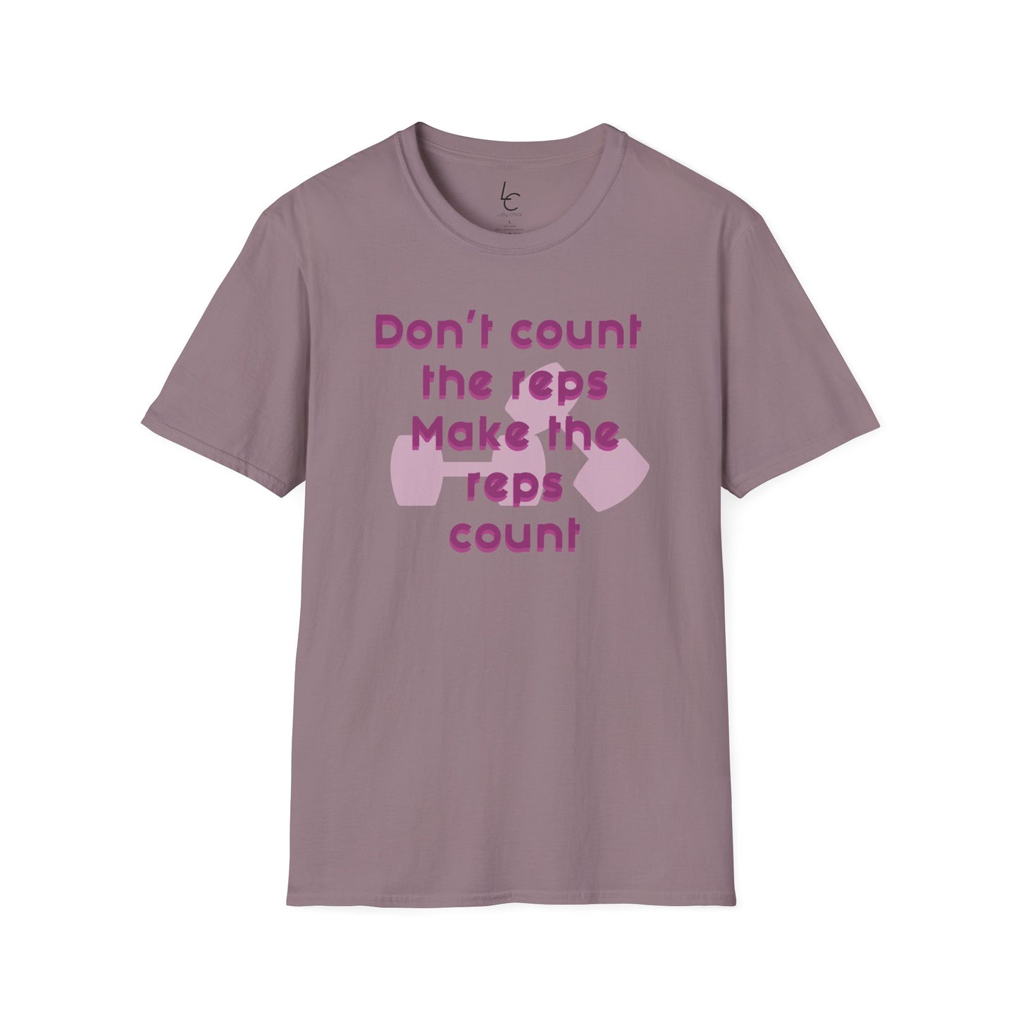 Graphic T-Shirt 'Don't count the reps Make the reps count' in Pink Weights