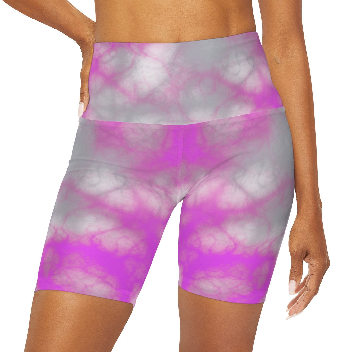 High Waisted Yoga Shorts with Pink and Gray Tie-dye Yoga Shorts for Woman