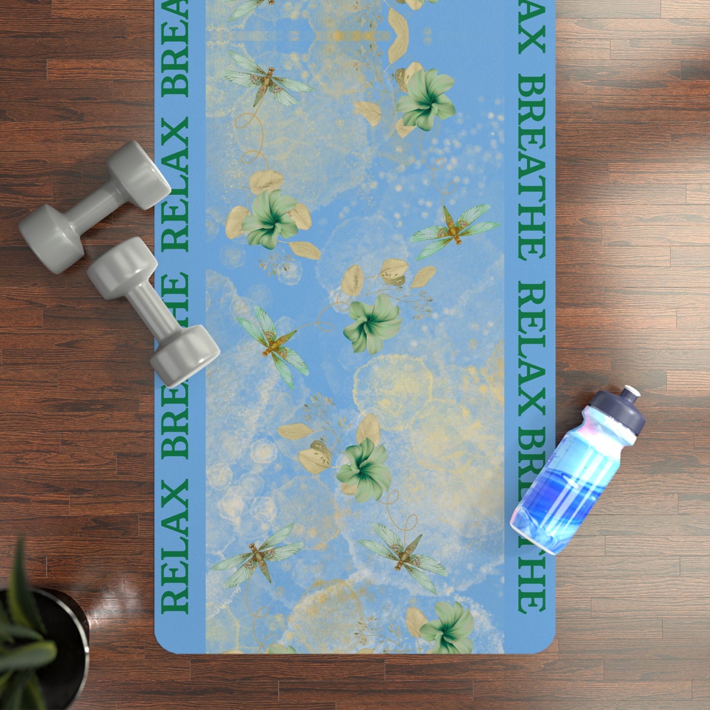Rubber Yoga Mat Green Fireflies 'RELAX' 'BREATHE' on light blue Non-Slip Exercise Pilates Gym Fitness, Eco-Friendly Workout Mat, Meditation