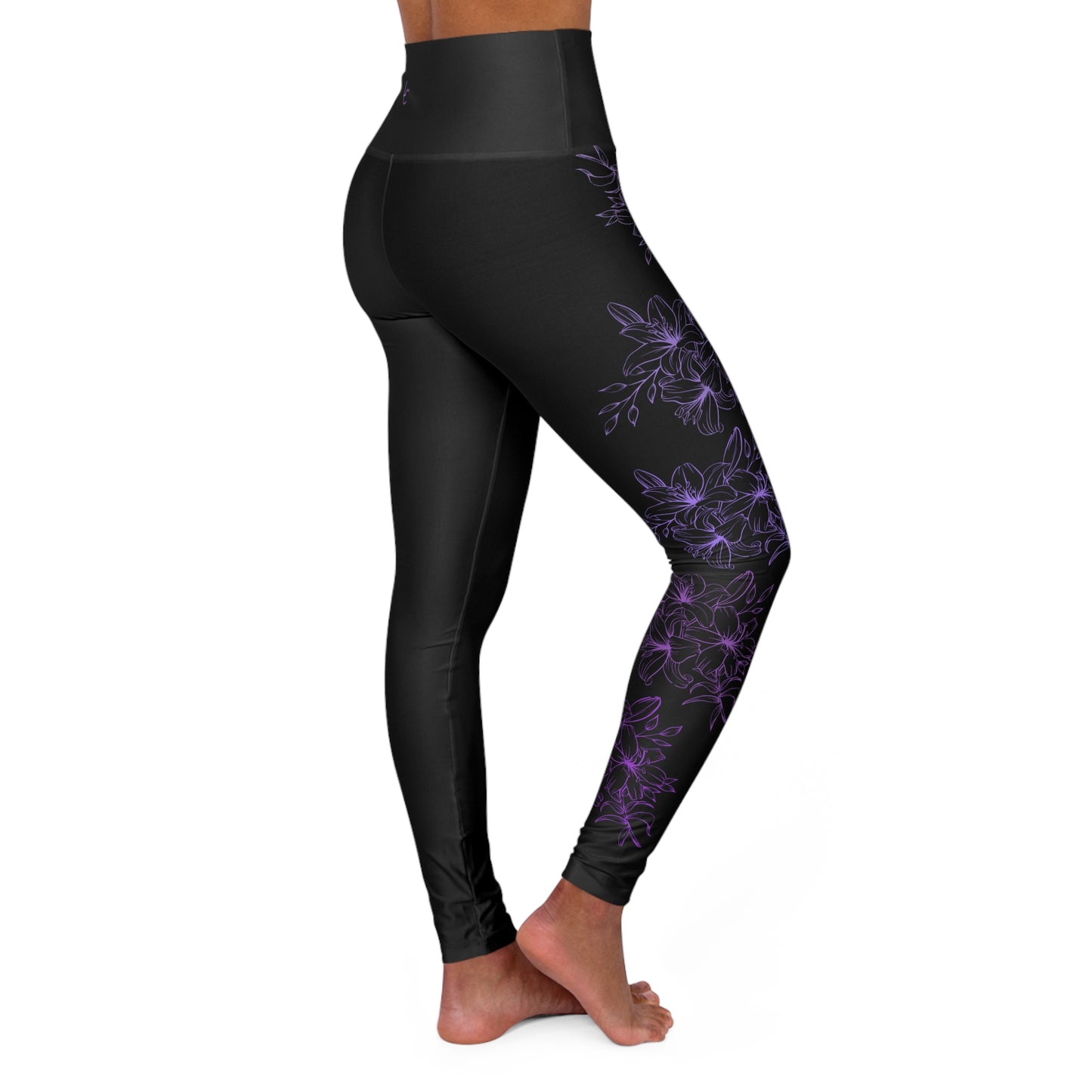 High Waisted Workout Leggings for Woman Purple Flowers on Black Yoga Pants for Woman's Pilates Pants