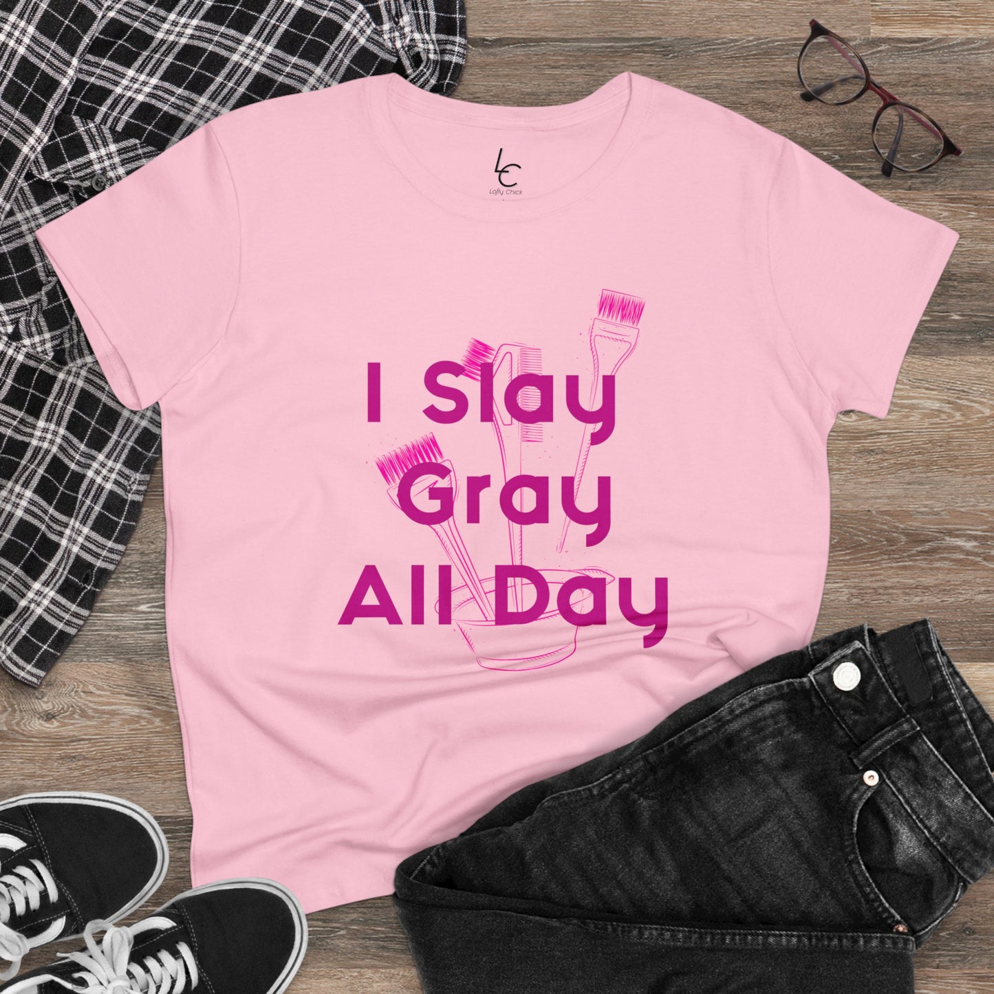 Cotton Graphic Tee for Hairstylist I Slay Gray All Day Cotton Tee Pink Text Tee Shirt Cotton Tee
