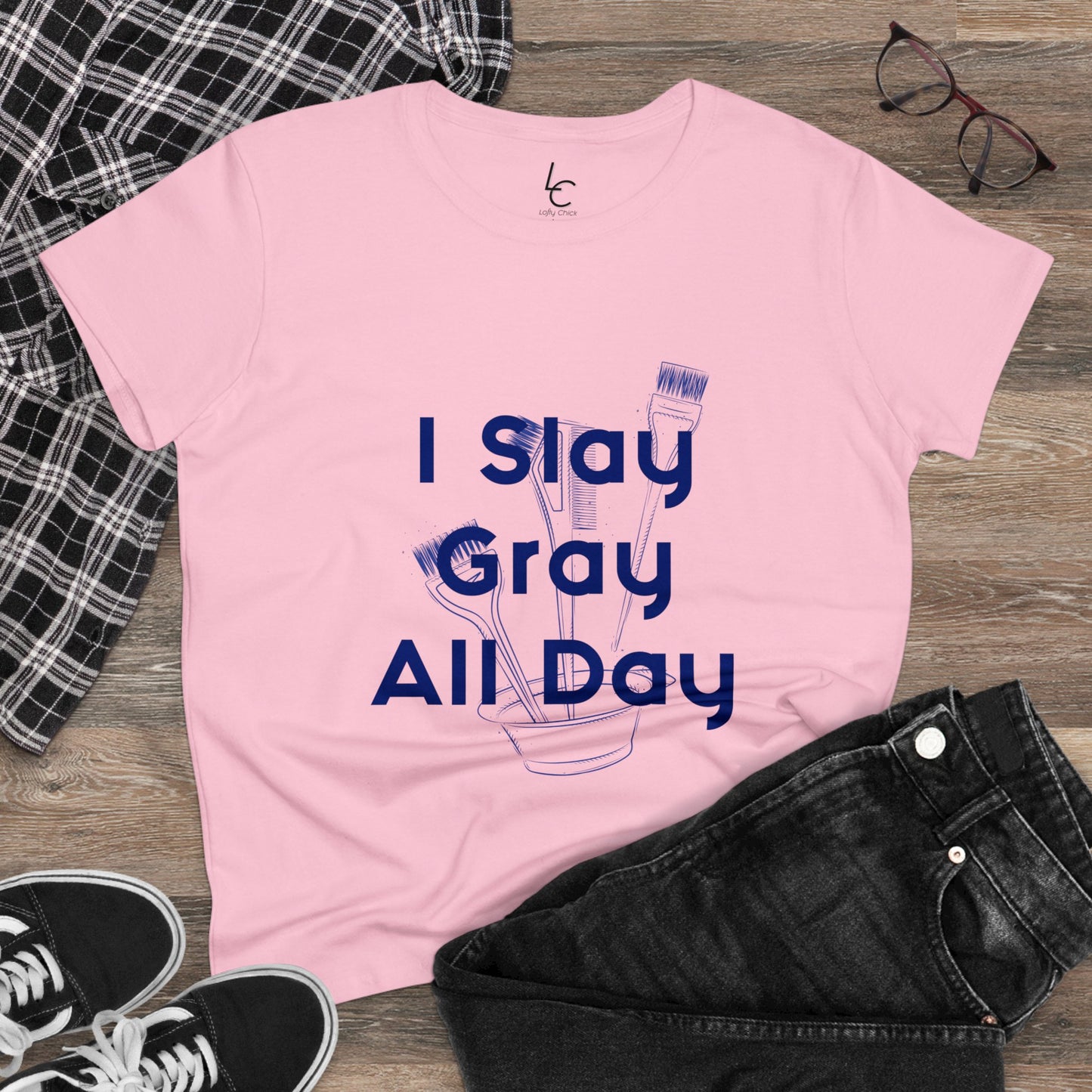 Cotton Graphic Tee for Hairstylist I Slay Gray All Day Cotton Tee Blue Text Tee Shirt Cotton Tee