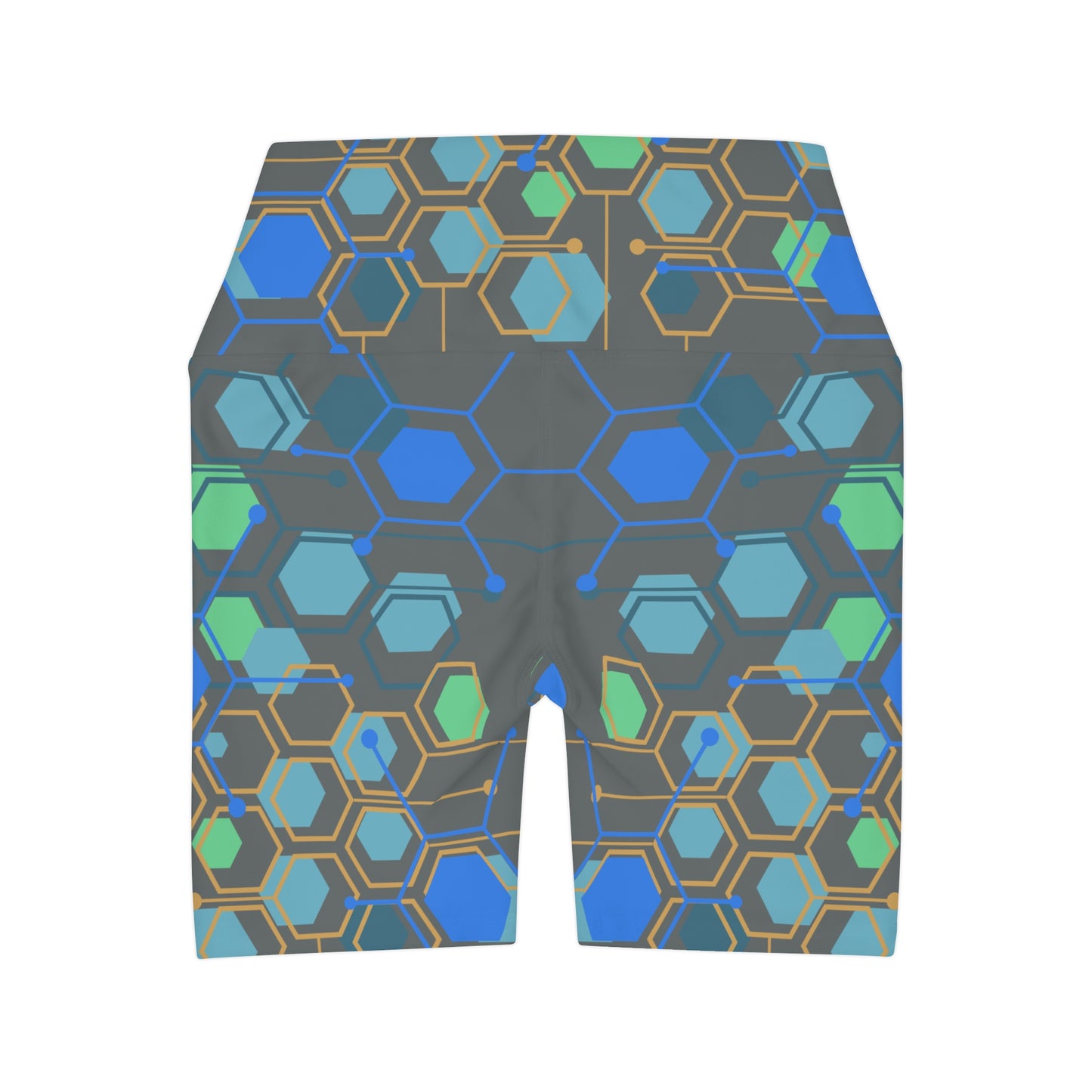 High Waisted Yoga Shorts with Blue and Grreen Geo Pop Design on Gray Yoga Shorts for Woman