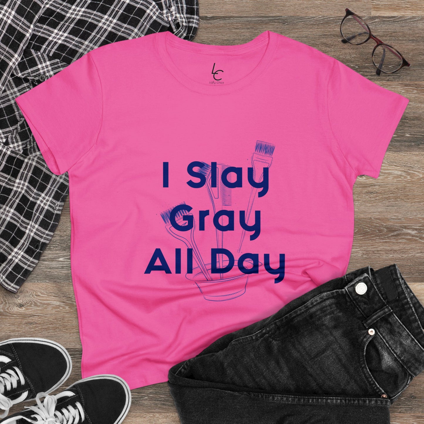 Cotton Graphic Tee for Hairstylist I Slay Gray All Day Cotton Tee Blue Text Tee Shirt Cotton Tee
