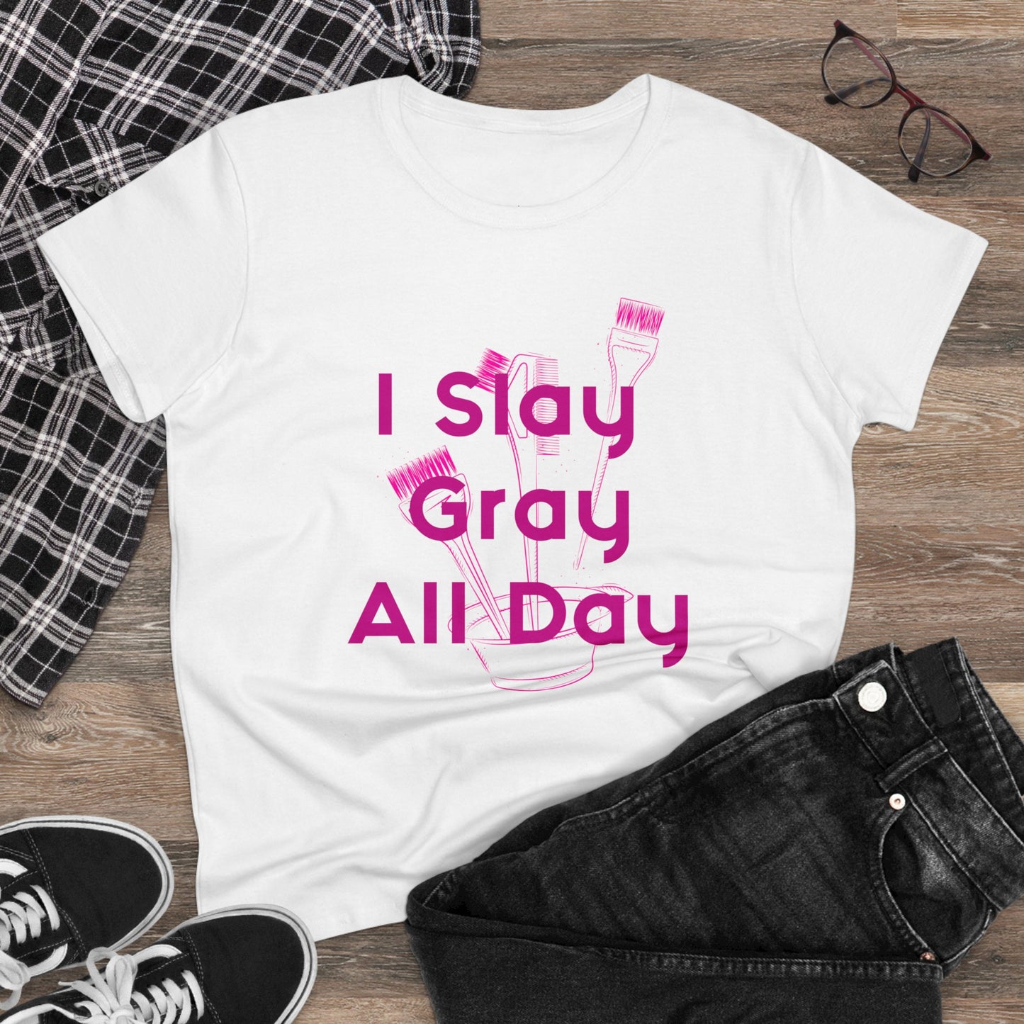 Cotton Graphic Tee for Hairstylist I Slay Gray All Day Cotton Tee Pink Text Tee Shirt Cotton Tee