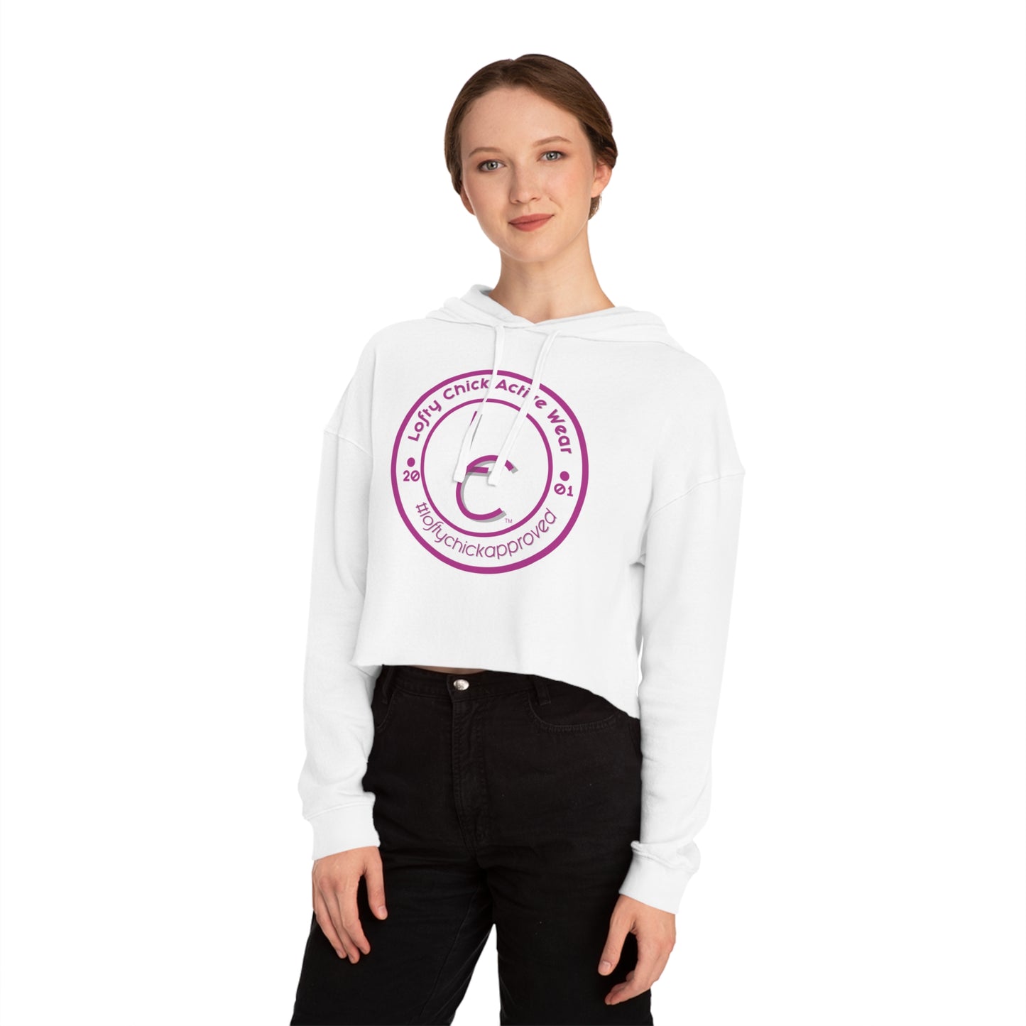 Cropped Hooded Sweatshirt With Lofty Chick 2001 Emblem on Front Cropped Hoodie Active Wear Pink