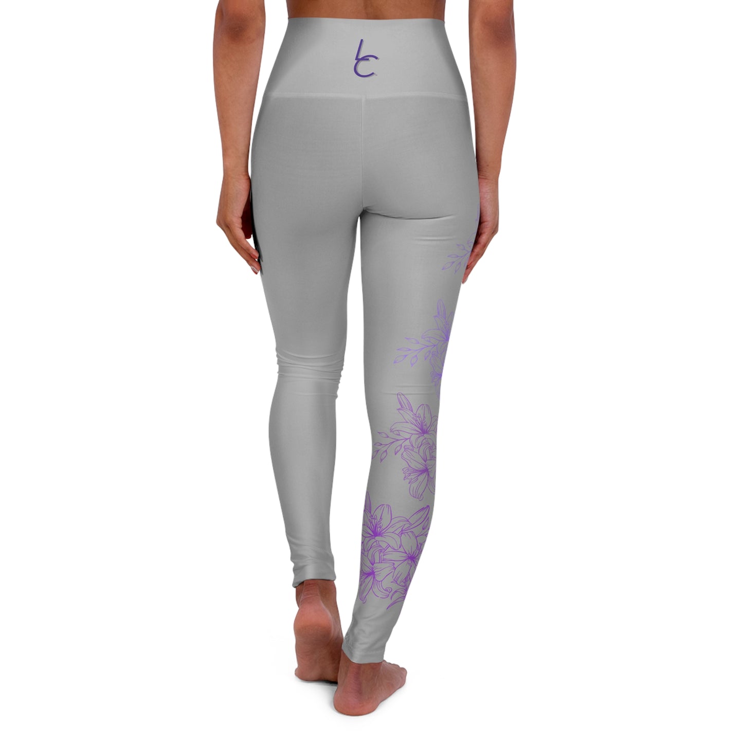 High Waisted Workout leggings Leggings for Woman Workout Gear Colorful Leggings Yoga Leggings with Purple Flowers on Gray