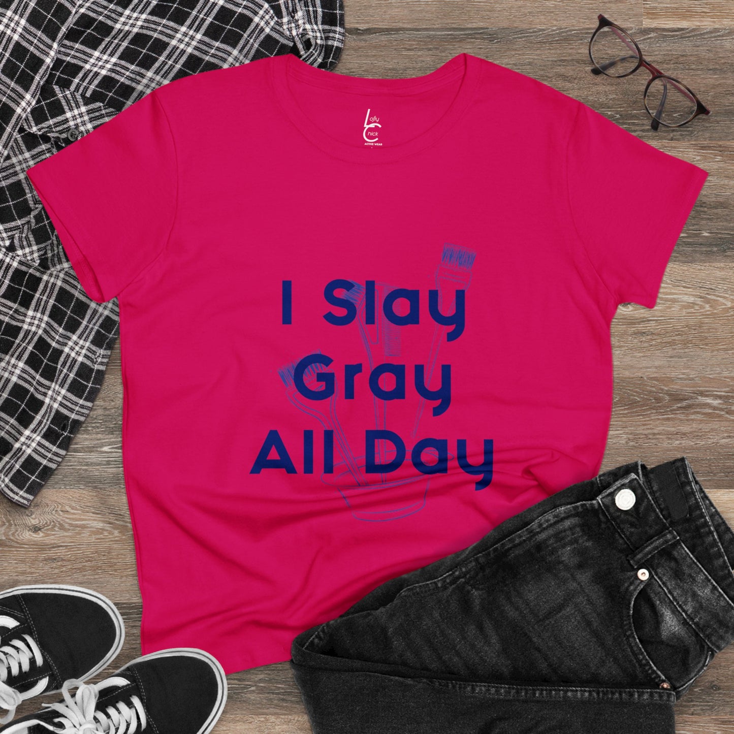 Cotton Graphic Tee for Hairstylist I Slay Gray All Day Cotton Tee Blue Text Tee Shirt Cotton Tee
