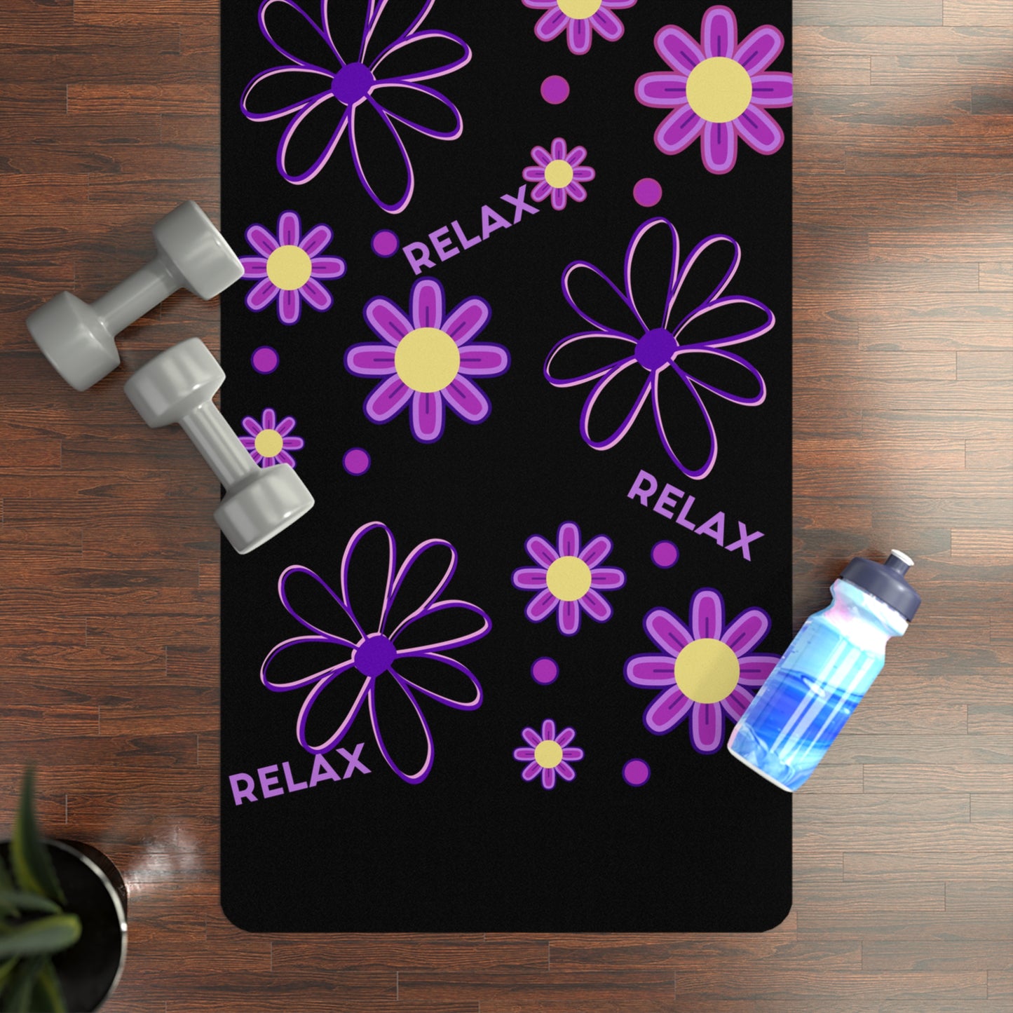 Rubber Yoga Mat, Purple Daisies on Black Non-Slip Exercise Pilates Gym Fitness, Eco-Friendly Extra Thick Workout Mat, Meditation Gift Idea