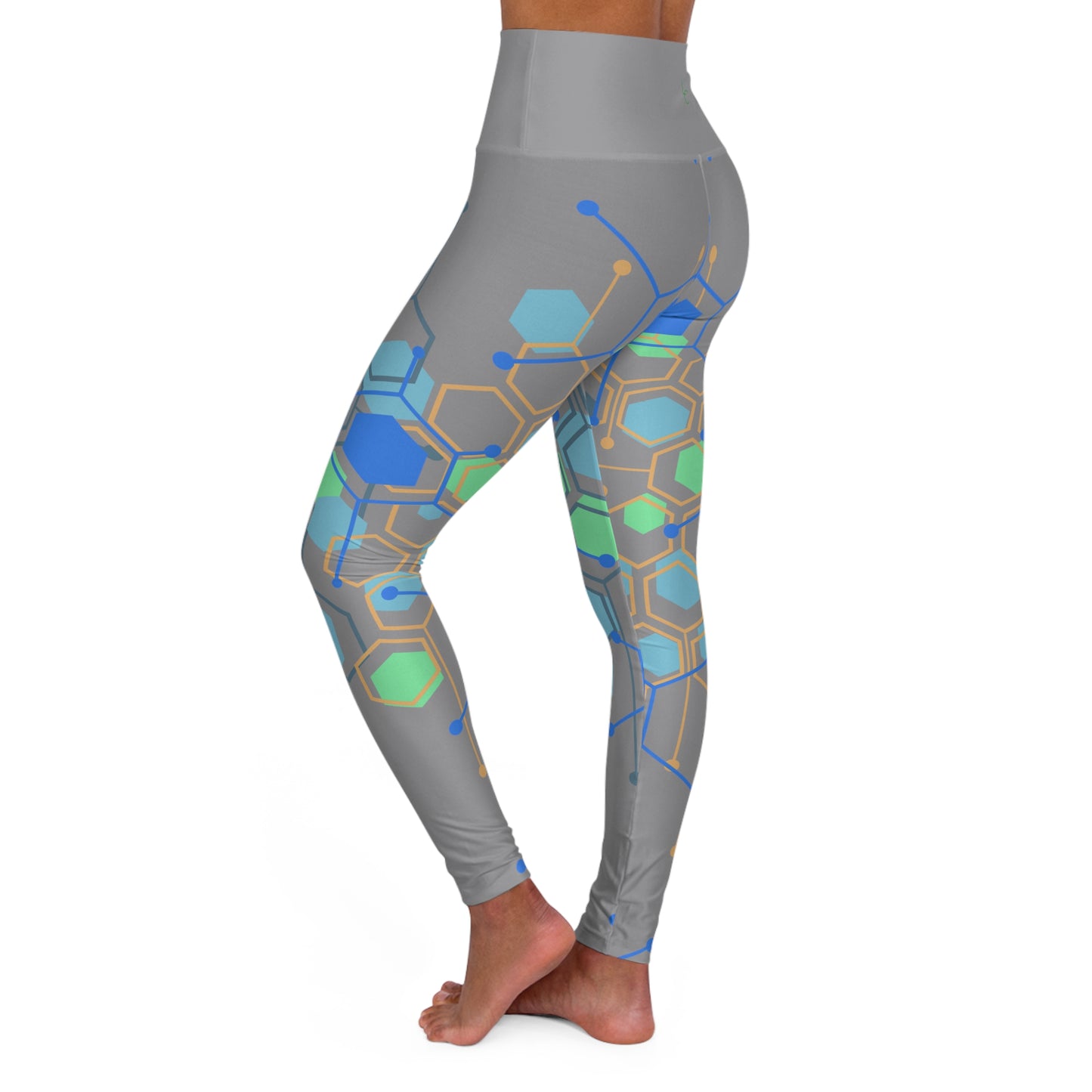 High Waisted Workout Leggings for Woman Green/Blue Geo on Gray