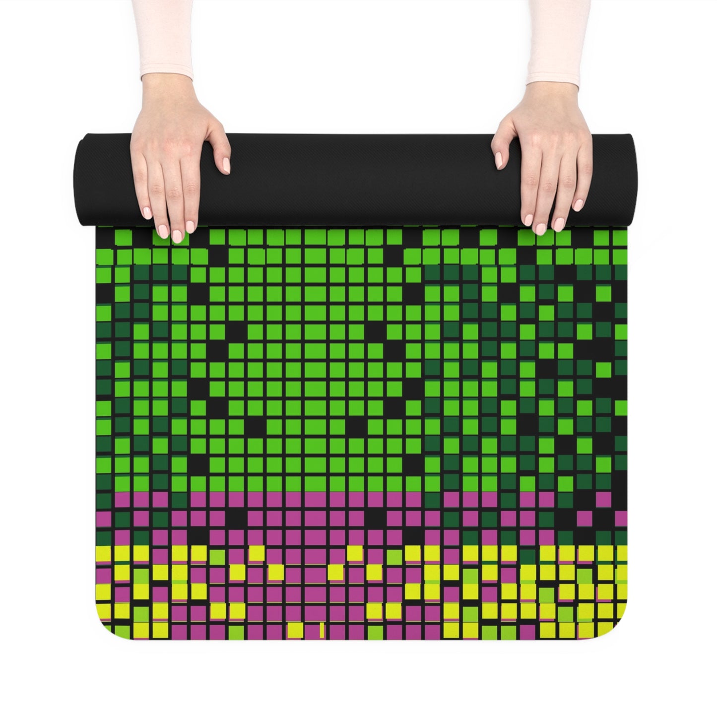 Rubber Yoga Mat Green Yellow Pink Pixels Non-Slip Exercise Pilates Gym Fitness, Eco-Friendly Extra Thick Workout Mat, Meditation Gift Idea