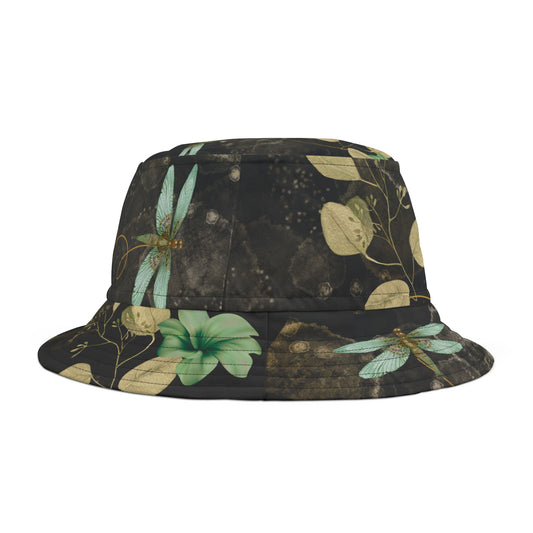 Bucket Hat with Green Dragon Flies on Black