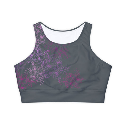 Sports Bra Fully Lined Padded Sports Bra Support Bra Purple Flower/Gray