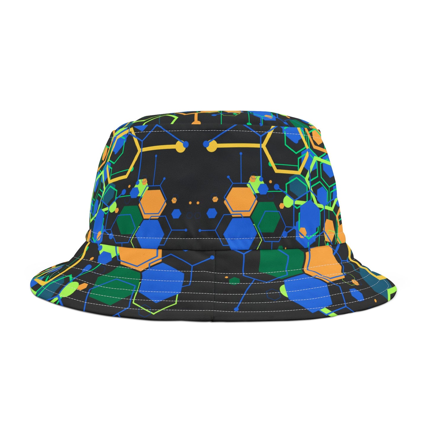 Bucket Hat with Geo Pop Designs in Green and Blue on Black