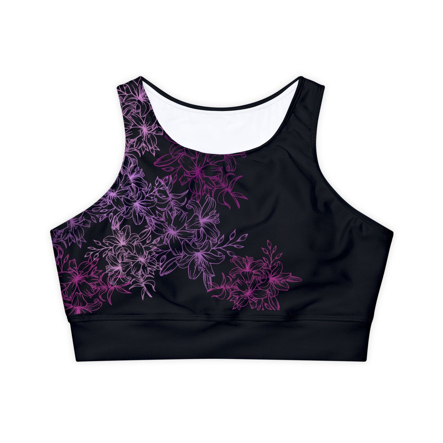 Sports Bra Fully Lined Padded Sports Bra Support Bra Purple Flower/Blk