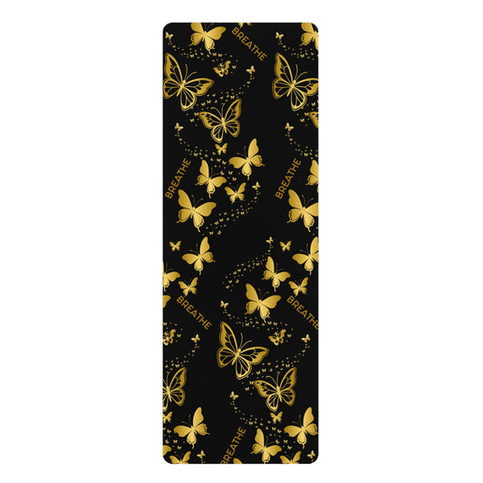 Rubber Yoga Mat Gold Butterflies on Black Non-Slip Exercise Pilates Gym Fitness, Eco-Friendly Extra Thick Workout Mat, Meditation Gift Idea