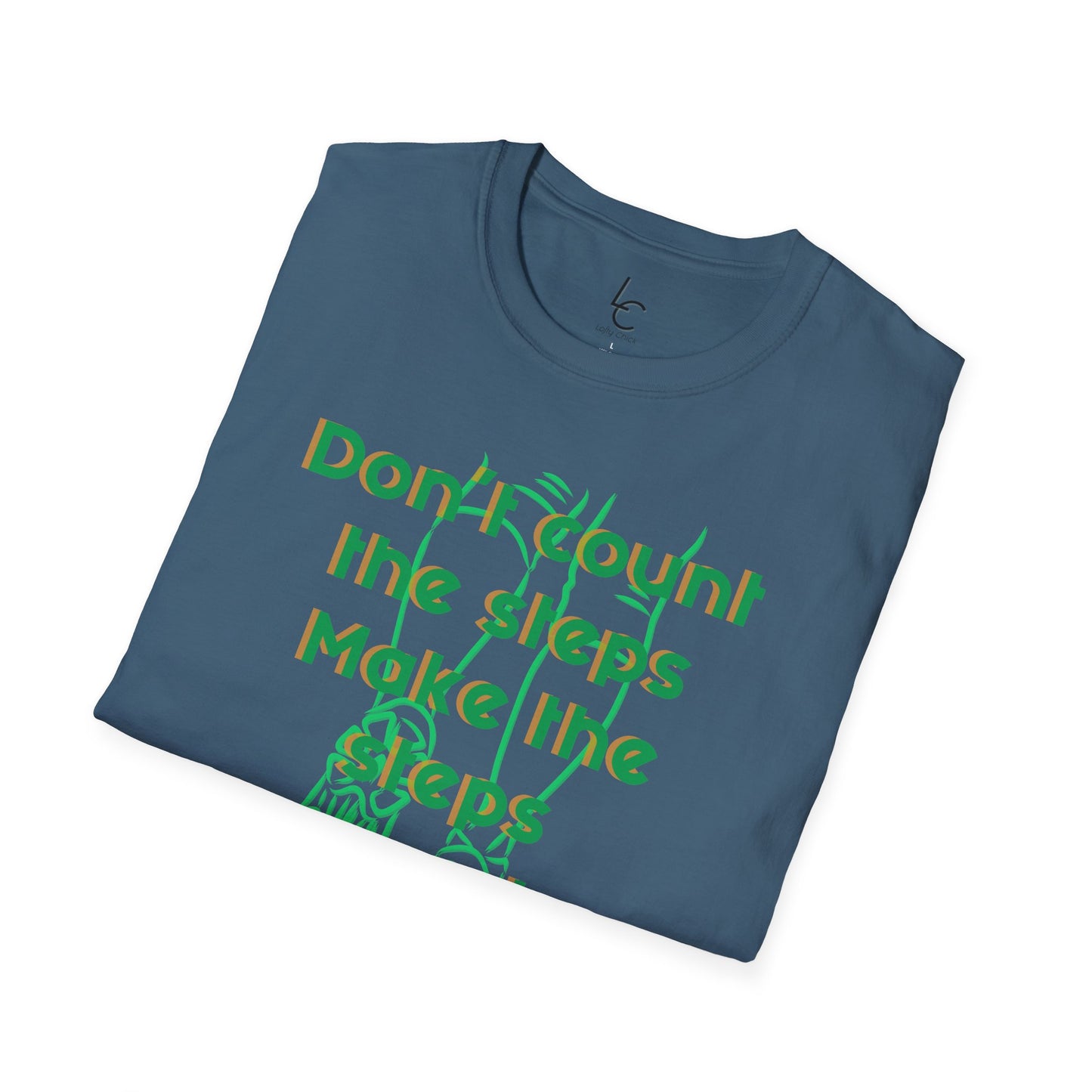 Graphic T-Shirt 'Don't count the steps Make the steps count' in Green Sneakers