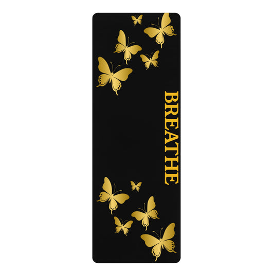 Rubber Yoga Mat Gold Butterflies Black Non-Slip Exercise Pilates Gym Fitness, Eco-Friendly Extra Thick Workout Mat, Meditation Gift Idea