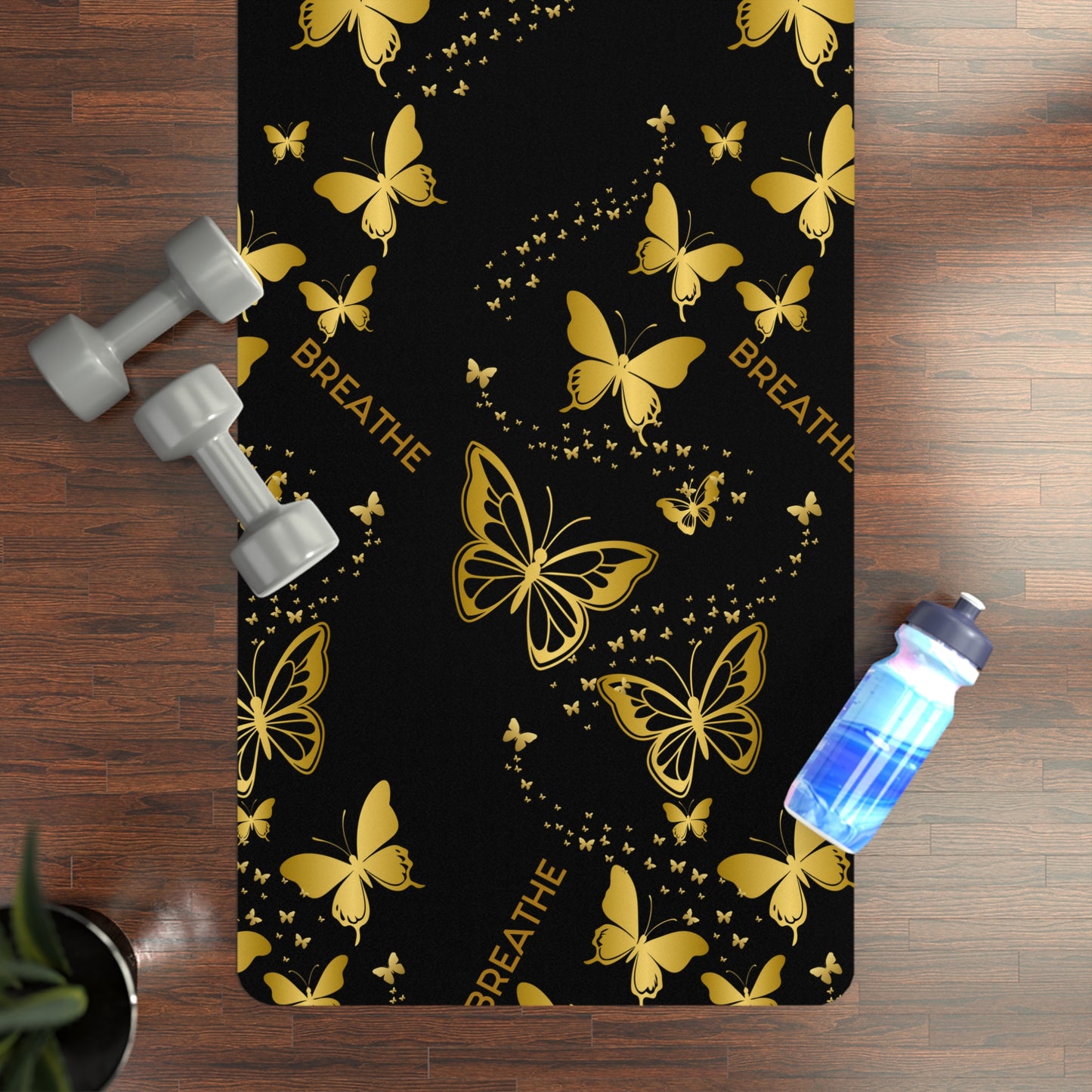 Rubber Yoga Mat Gold Butterflies on Black Non-Slip Exercise Pilates Gym Fitness, Eco-Friendly Extra Thick Workout Mat, Meditation Gift Idea