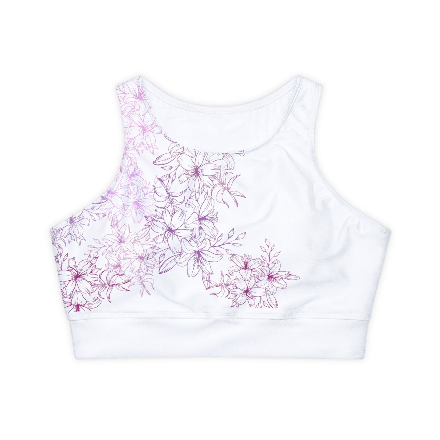 Sports Bra Fully Lined Padded Sports Bra Support Bra Purple Flower/White