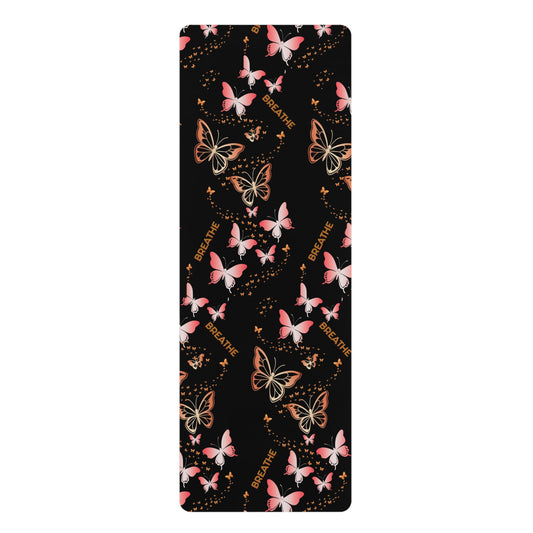 Rubber Yoga Mat Pink Butterflies on Black Non-Slip Exercise Pilates Gym Fitness, Eco-Friendly Extra Thick Workout Mat, Meditation Gift Idea
