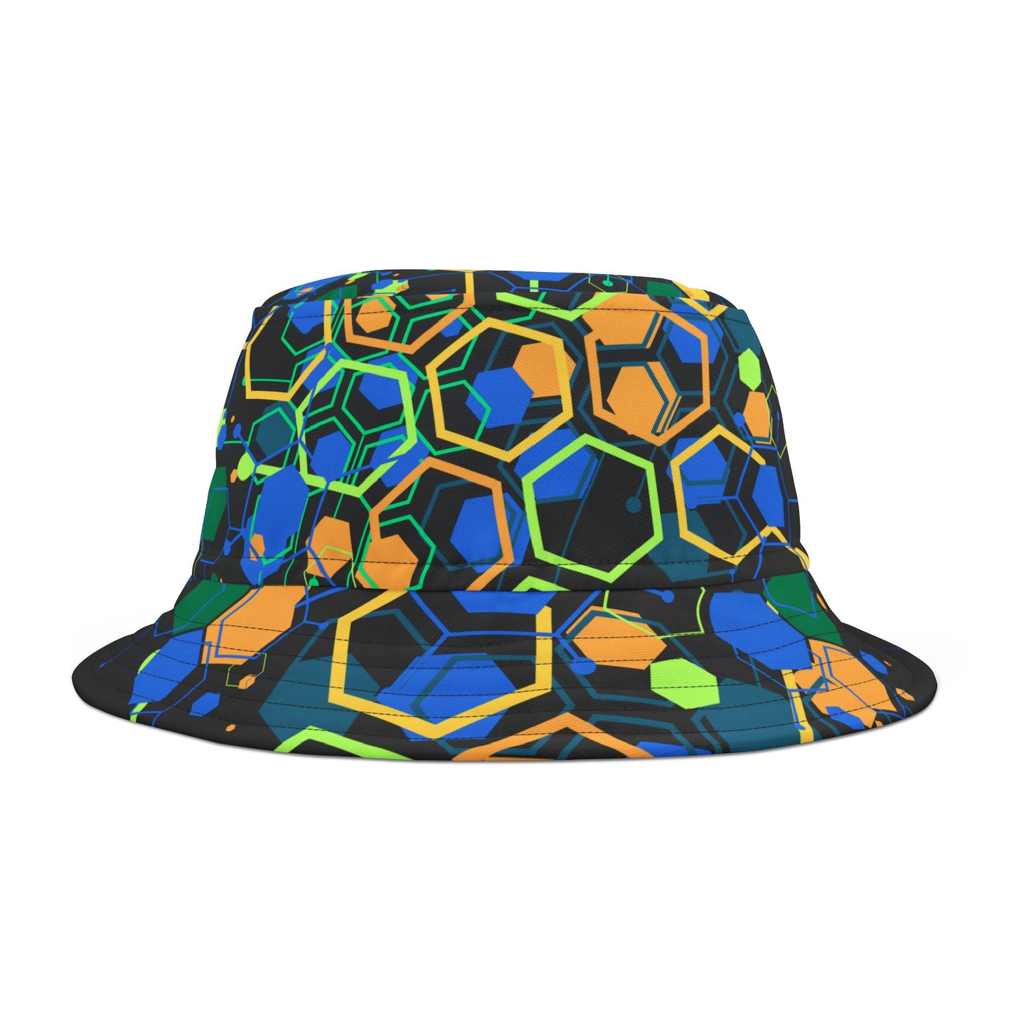 Bucket Hat with Geo Pop Designs in Green and Blue on Black