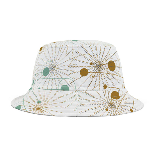 Bucket Hat with Geo Pop Designs in Green and Gold on White