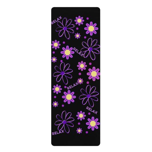 Rubber Yoga Mat, Purple Daisies on Black Non-Slip Exercise Pilates Gym Fitness, Eco-Friendly Extra Thick Workout Mat, Meditation Gift Idea