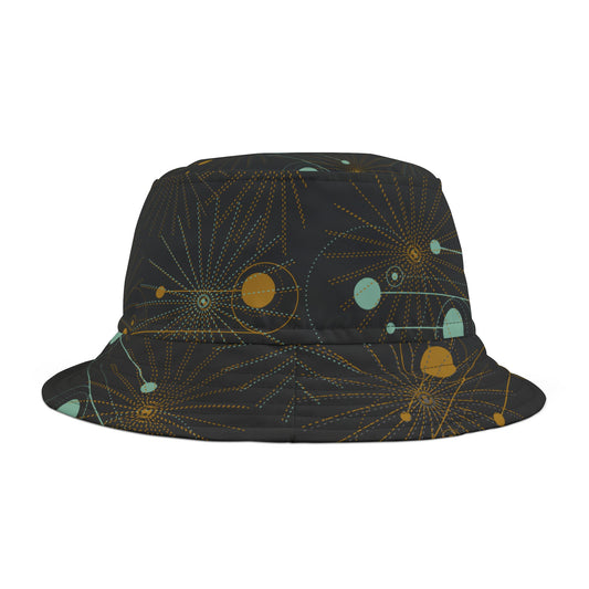 Bucket Hat with Geo Pop Designs in Green and Gold on Black