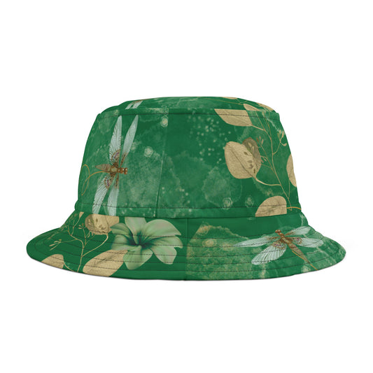 Bucket Hat with Green Dragon Flies On Green