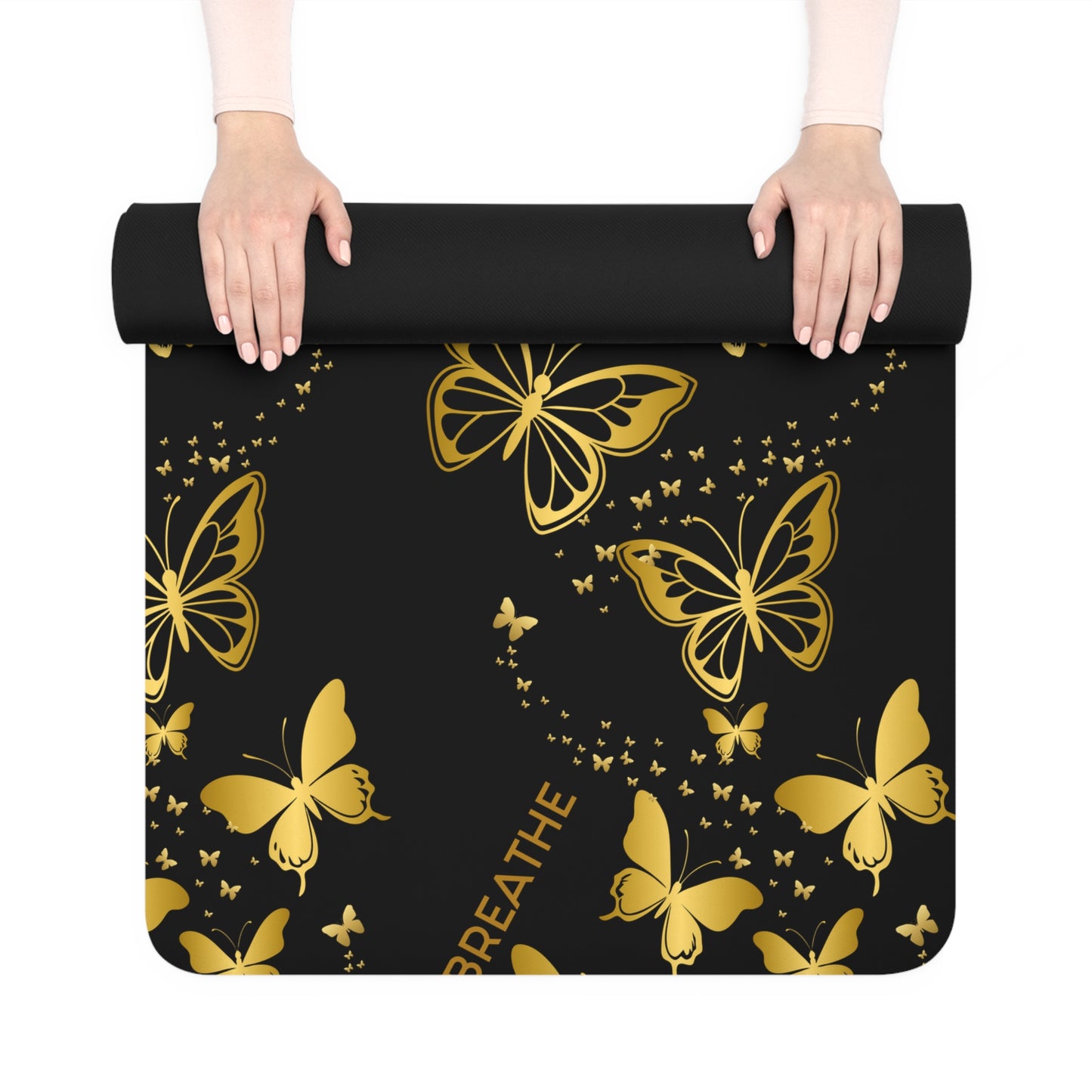 Rubber Yoga Mat Gold Butterflies on Black Non-Slip Exercise Pilates Gym Fitness, Eco-Friendly Extra Thick Workout Mat, Meditation Gift Idea