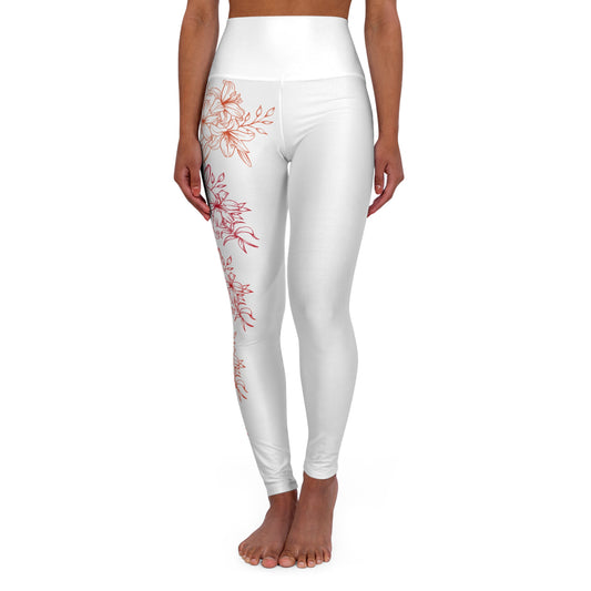 High Waisted Workout leggings Leggings for Woman Workout Gear Compressing Leggings Colorful Leggings Yoga Leggings with Red Flowers on White