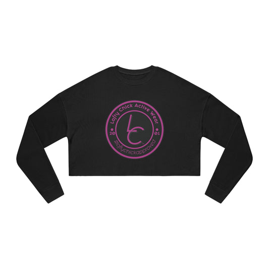 Women's Comfy Cropped Sweatshirt with Lofty Chick Emblem and #loftychickapproved Hastag Pink