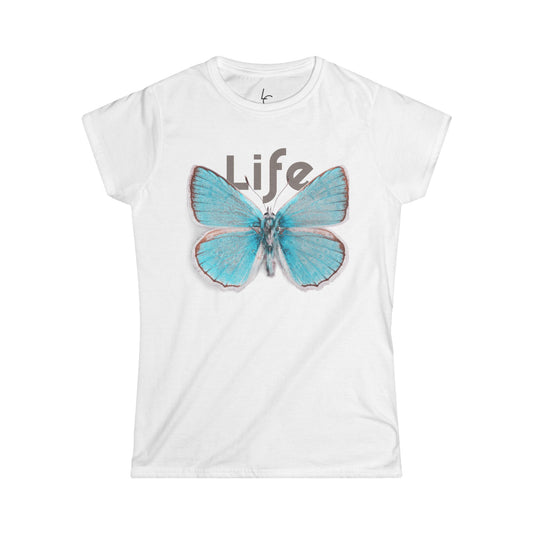 Comfort Fit Tee 'Life' Garden Design Teal Butterfly Cotton Fitted T-shirt