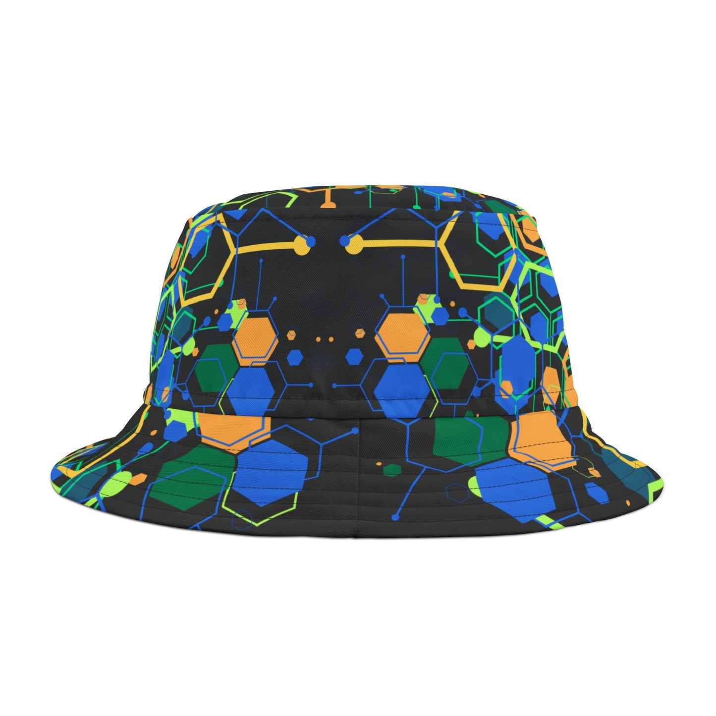 Bucket Hat with Geo Pop Designs in Green and Blue on Black