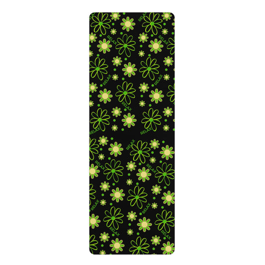 Rubber Yoga Mat, Green Daisies on Black Non-Slip Exercise Pilates Gym Fitness, Eco-Friendly Extra Thick Workout Mat, Meditation Gift Idea