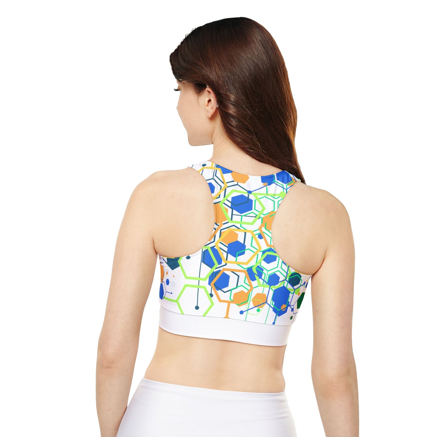 Sports Bra Fully Lined Padded Sports Bra Support Bra Green Blue Geo Pop/White