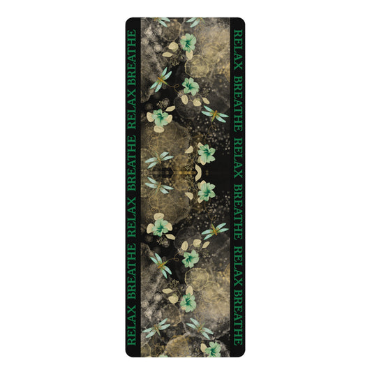 Rubber Yoga Mat Green Fireflies 'RELAX' 'BREATHE' on Black Non-Slip Exercise Pilates Gym Fitness, Eco-Friendly Workout Mat, Meditation Gift