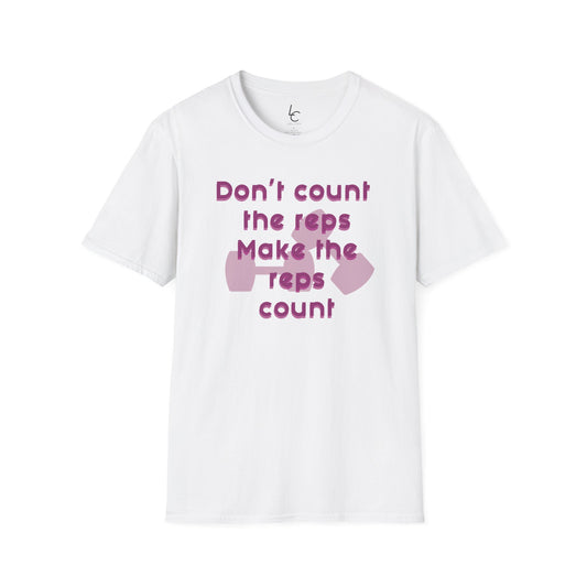 Graphic T-Shirt 'Don't count the reps Make the reps count' in Pink Weights