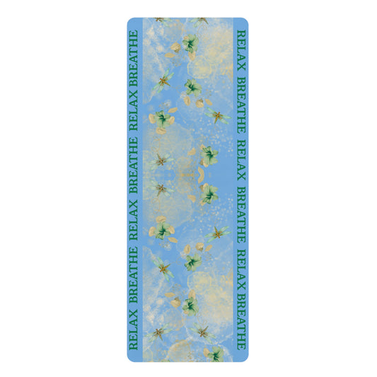 Rubber Yoga Mat Green Fireflies 'RELAX' 'BREATHE' on light blue Non-Slip Exercise Pilates Gym Fitness, Eco-Friendly Workout Mat, Meditation