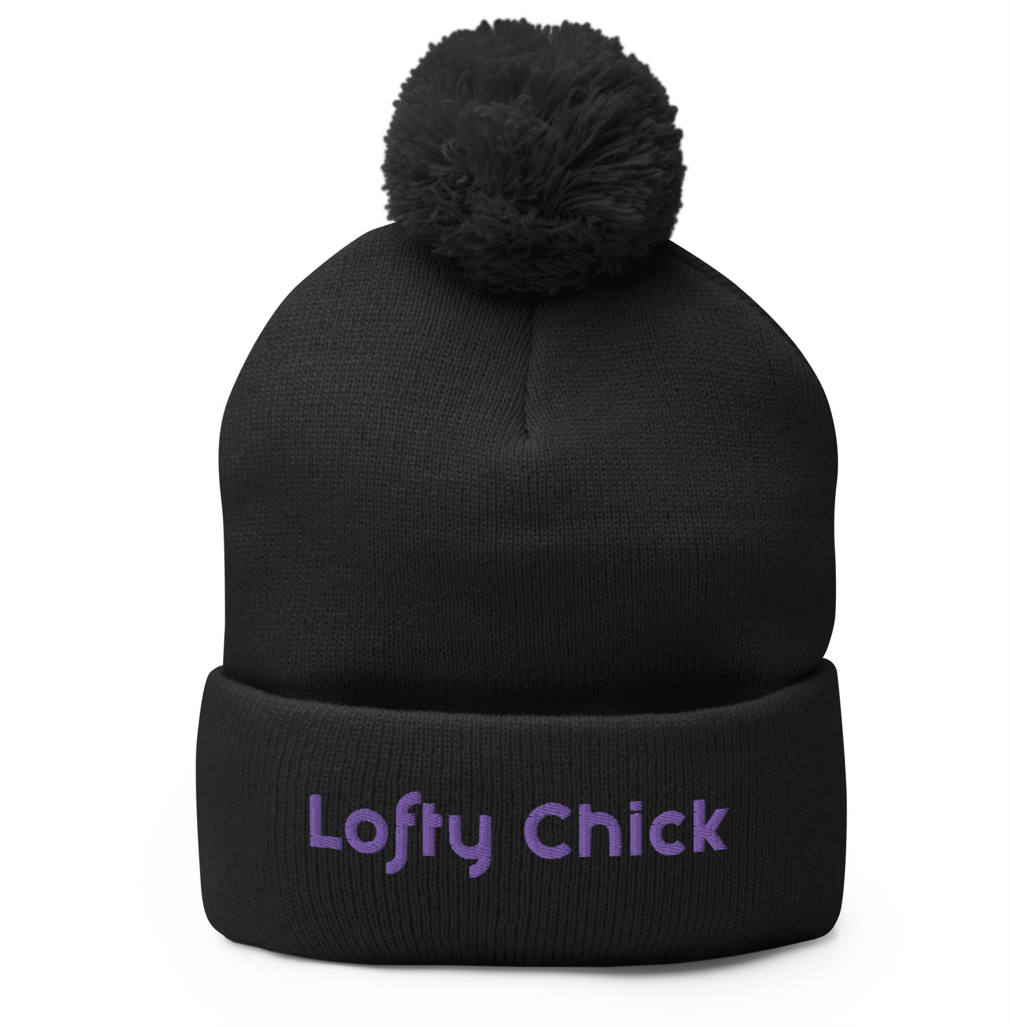 Pom-Pom Beanie with Lofty Chick Logo in Black with Purple Logo