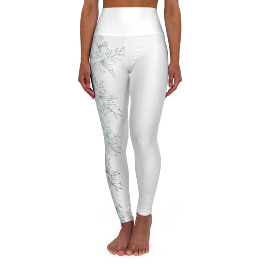 High Waisted Workout leggings Leggings for Woman Workout Gear Compressing Leggings Colorful Leggings Yoga Leggings with Green Flowers/White