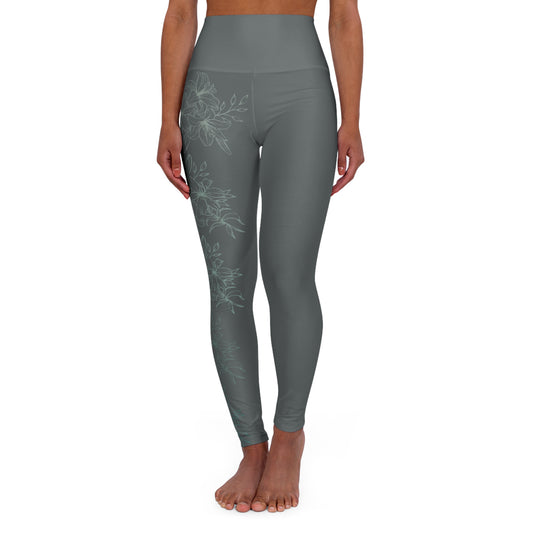 High Waisted Workout leggings Leggings for Woman Workout Gear Compressing Leggings Colorful Leggings Yoga Leggings Green Flowers/Dk Gray