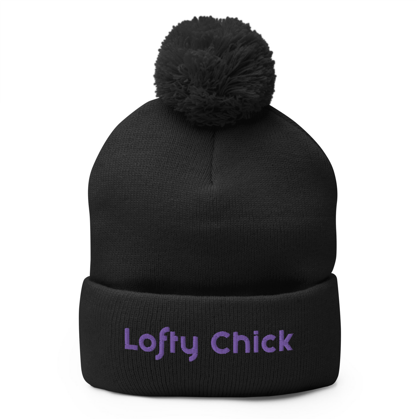 Pom-Pom Beanie with Lofty Chick Logo in Black with Purple Logo