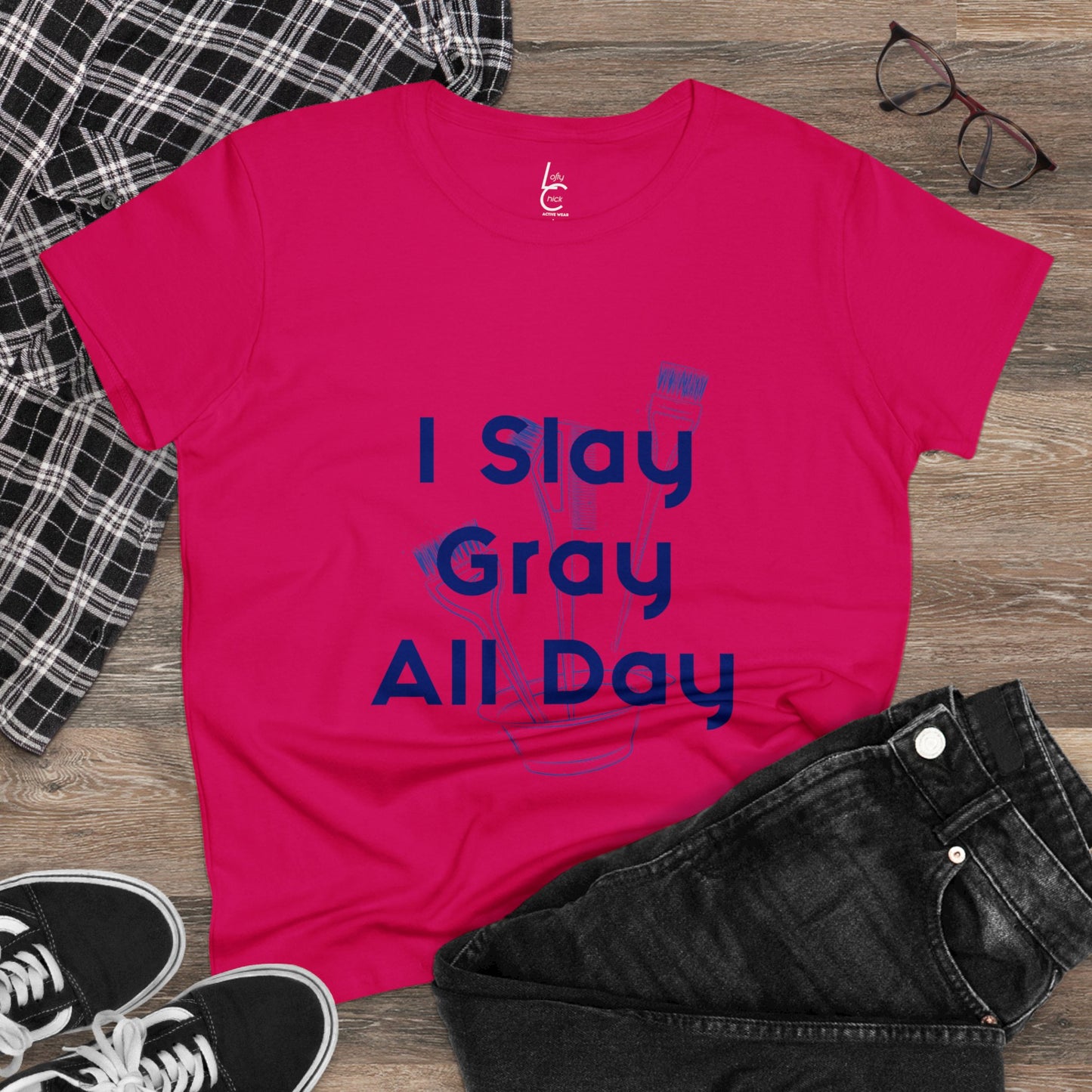 Cotton Graphic Tee  for Hairstylist I Slay Gray All Day Cotton Tee Blue Text Tee Shirt Cotton Tee