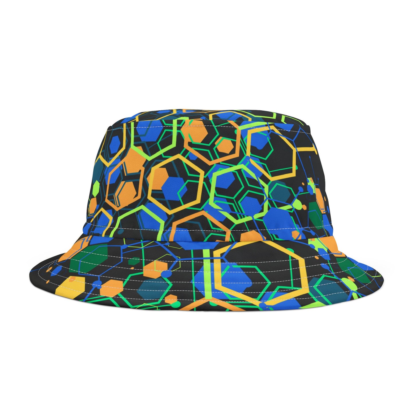 Bucket Hat with Geo Pop Designs in Green and Blue on Black