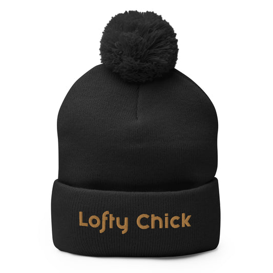 Pom-Pom Beanie with Lofty Chick Logo in Black with Gold Logo