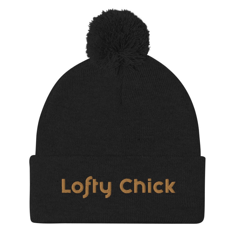 Pom-Pom Beanie with Lofty Chick Logo in Black with Gold Logo