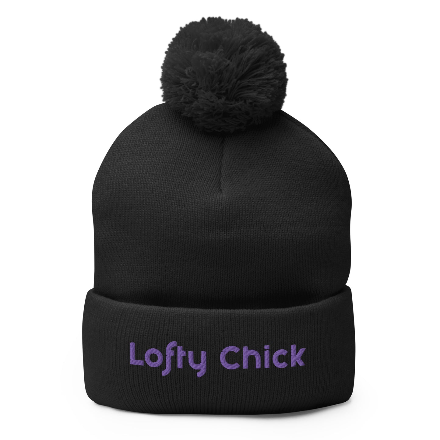 Pom-Pom Beanie with Lofty Chick Logo in Black with Purple Logo