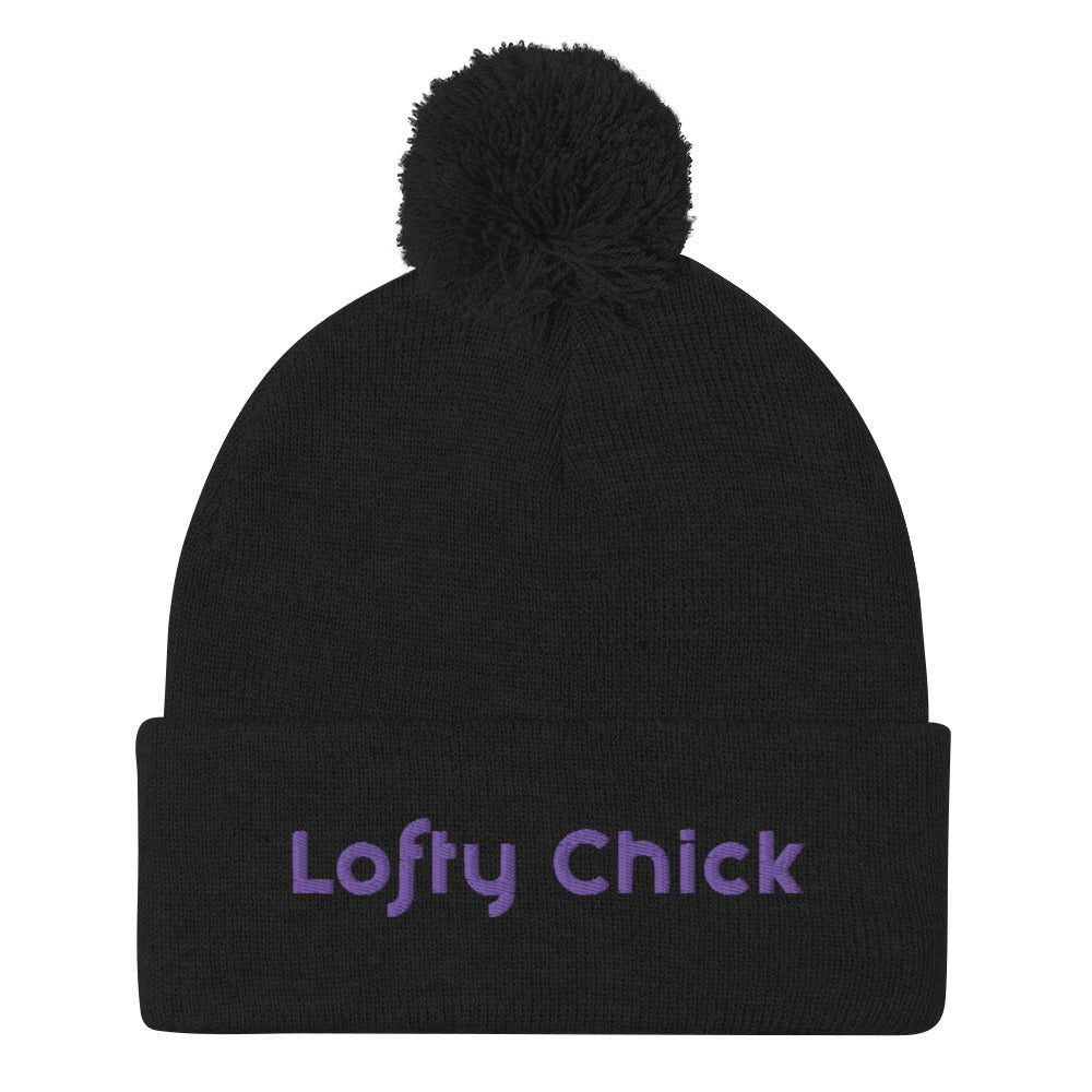 Pom-Pom Beanie with Lofty Chick Logo in Black with Purple Logo